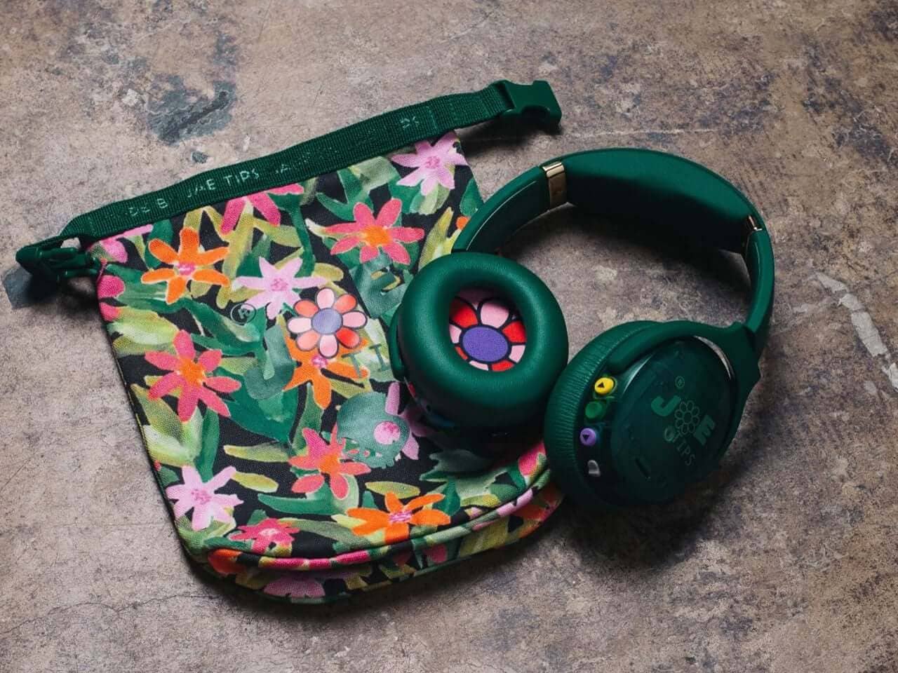 Jae Tips x Skullcandy Crusher ANC 2 headphones with designer floral bag