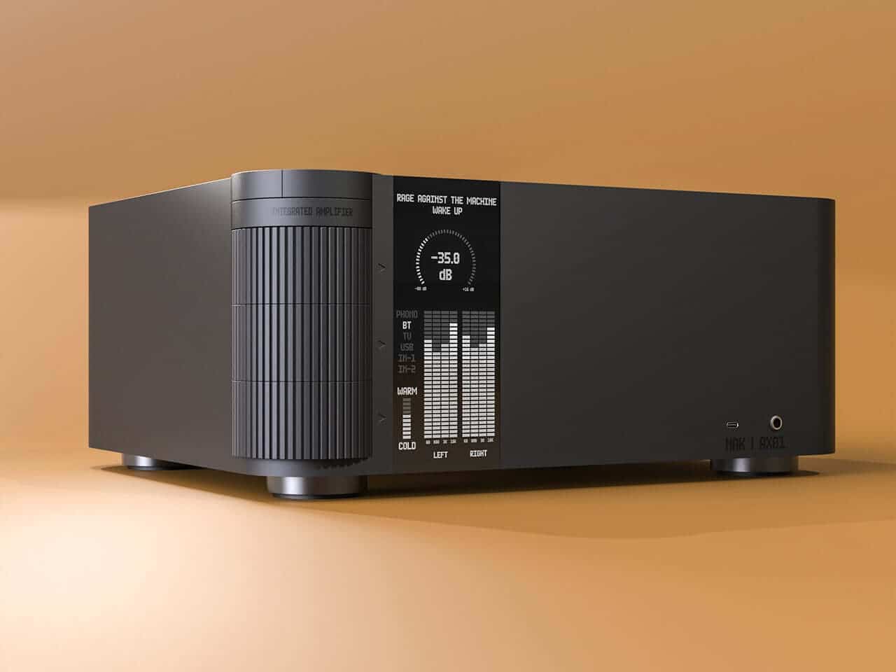 Hi-Fi amplifier with cylindrical control panel and speakers