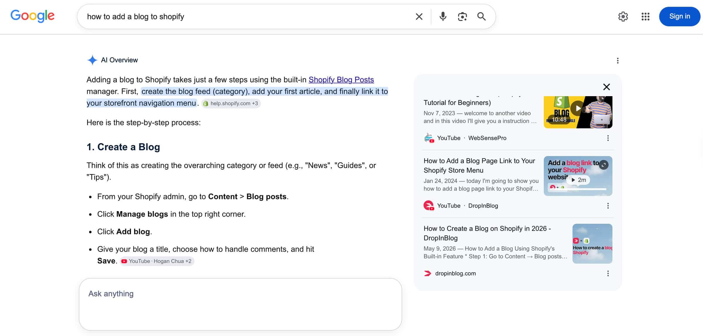 AI Overview for the query: how to add a blog to Shopify