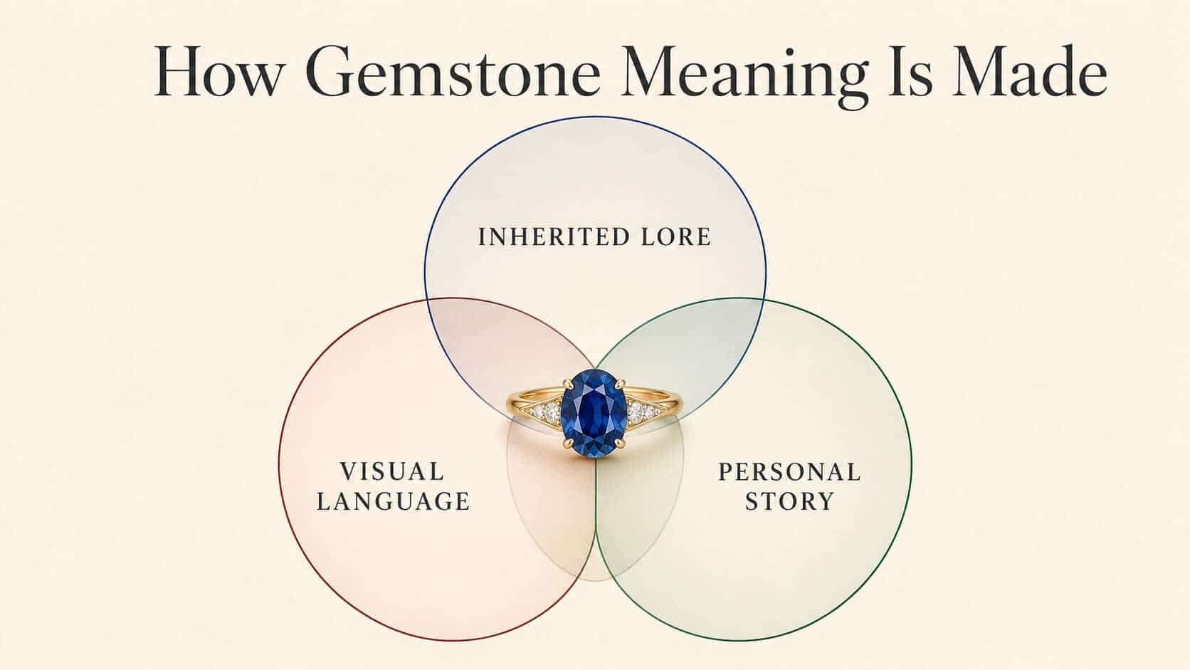 Diagram showing inherited lore, visual language and personal story as the three layers of gemstone meaning.