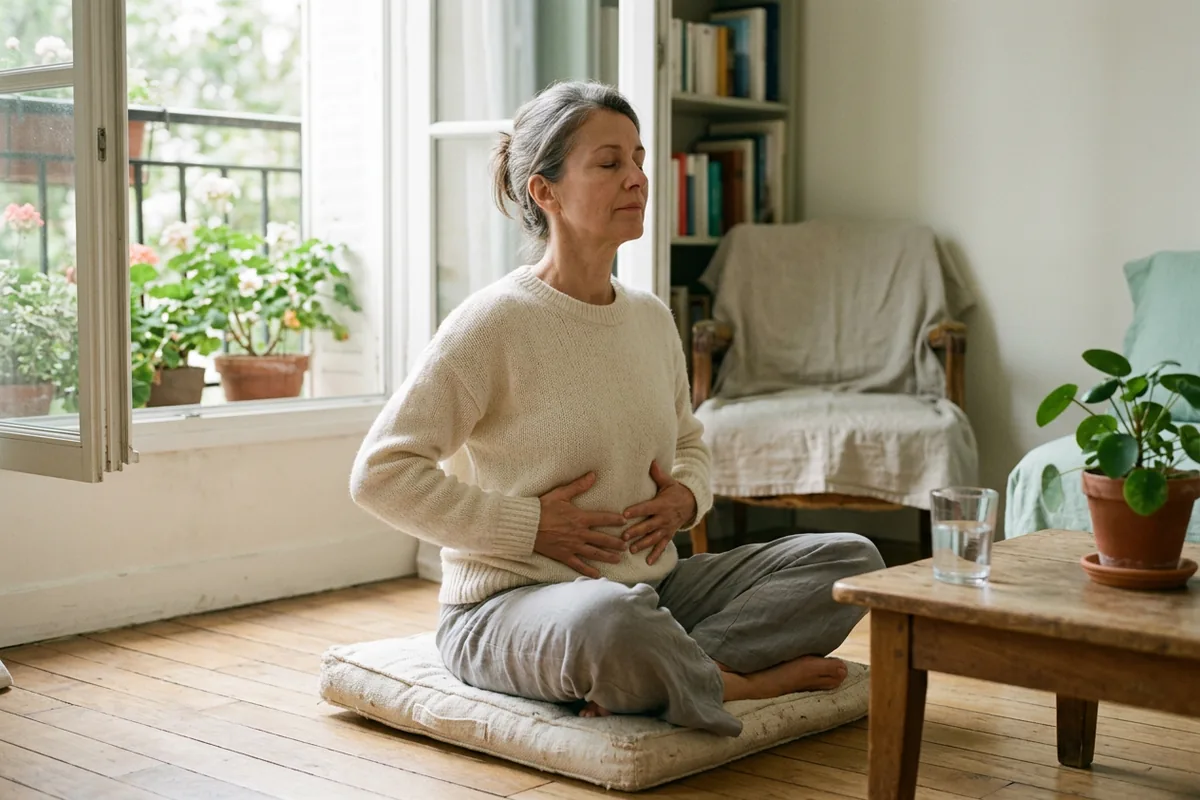 Femme assise près d'une fenêtre, mains sur le ventre, qui pratique une respiration abdominale