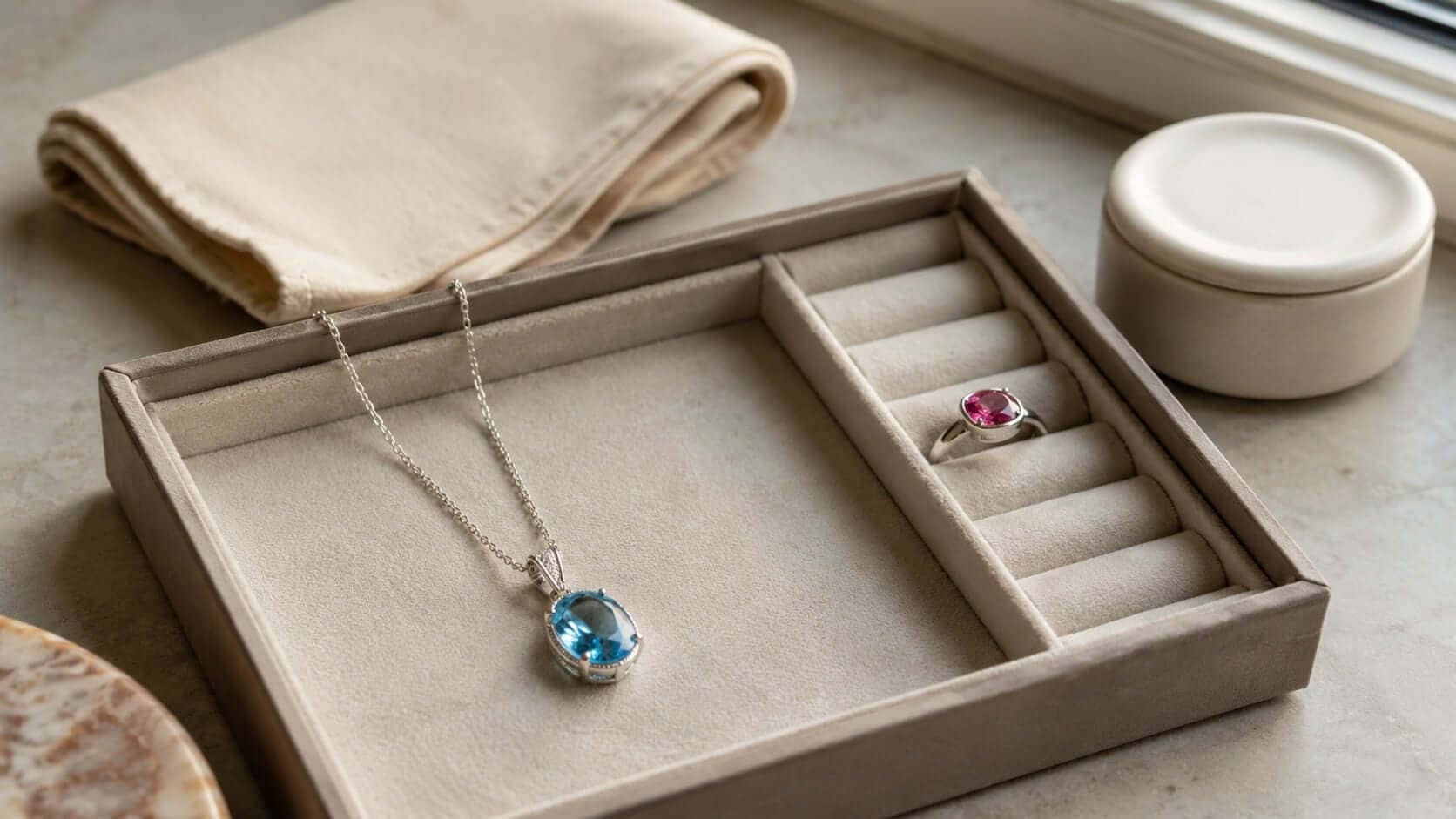Topaz pendant and tourmaline ring placed safely in a lined jewellery tray