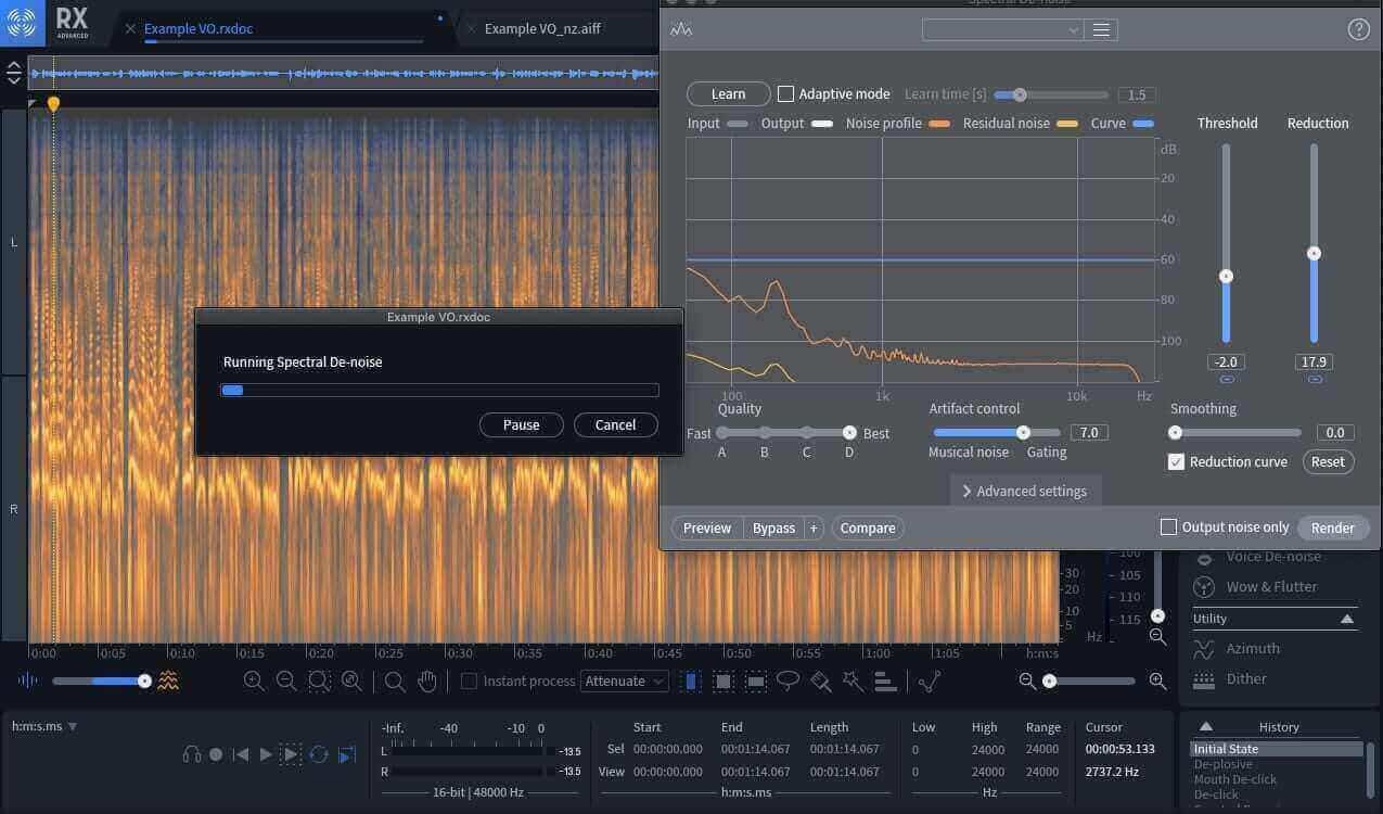 Reducing noise in the voiceover based on the noise profile analyzed using Spectral De-noise
