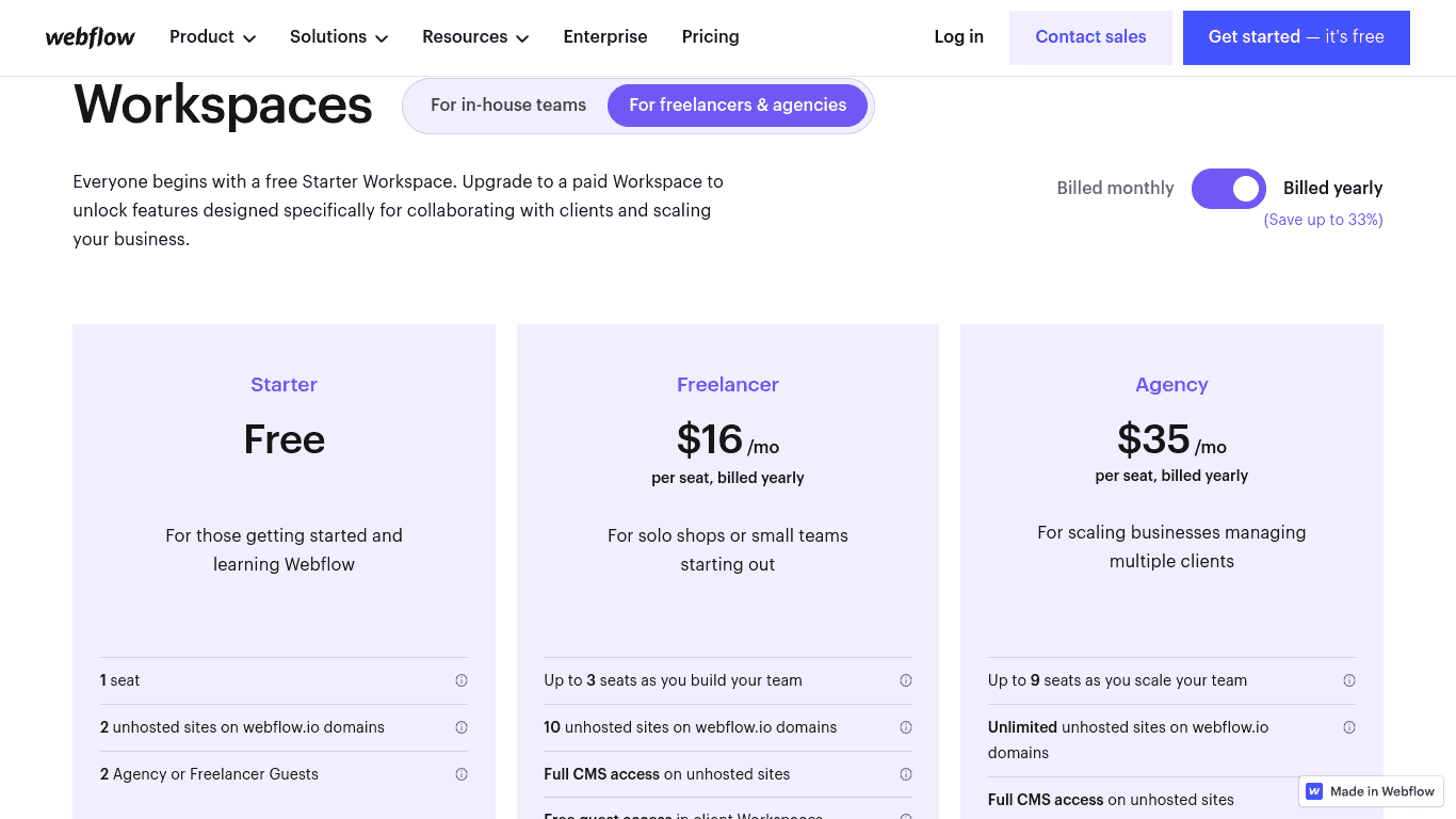 Webflow freelancer plans