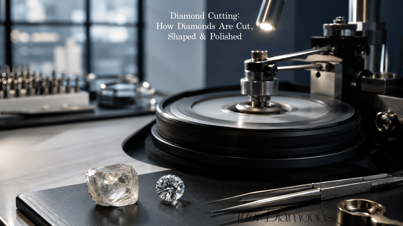 Diamond cutting process transforming a rough diamond into a polished gemstone.