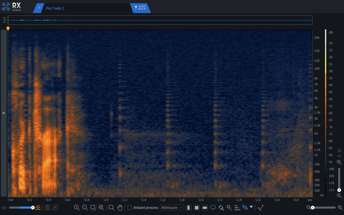 A spectrogram shows bleed from a click track at the end of a vocal phrase