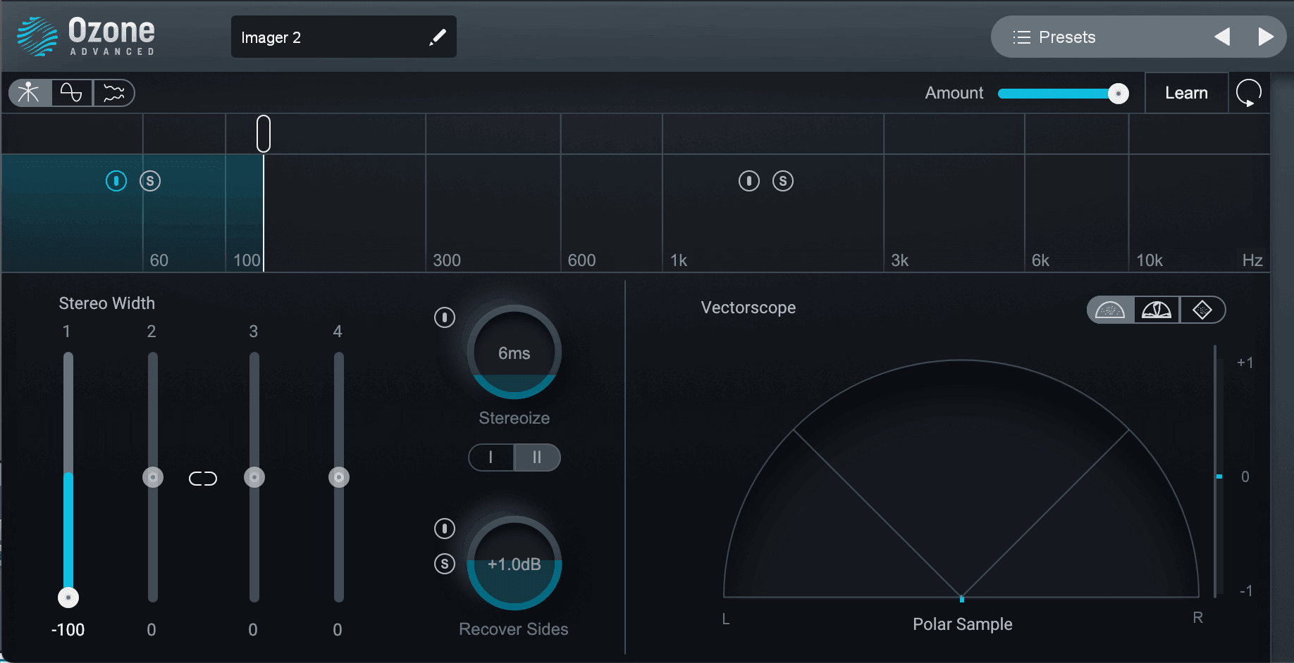 Narrowing the frequencies 125 Hz and below to 100% mono with Ozone Imager