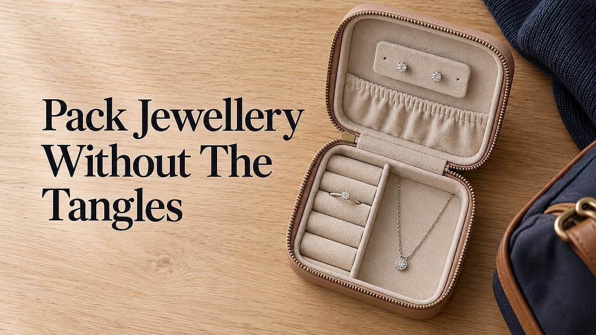 An open travel case holding separated jewellery, with the headline “Pack Jewellery Without The Tangles