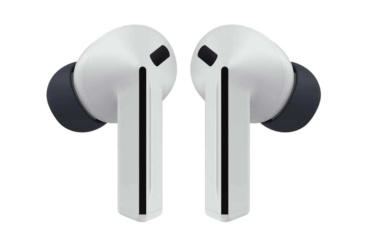 Close-up on the front of Galaxy Buds 3 FE in light gray