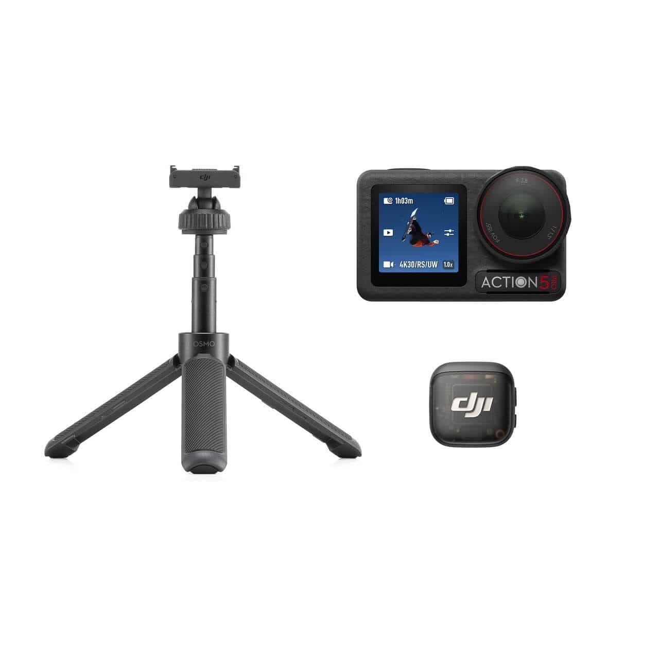 DJI Mic 3 transmitter attached to Osmo Action 5 Pro extension rod