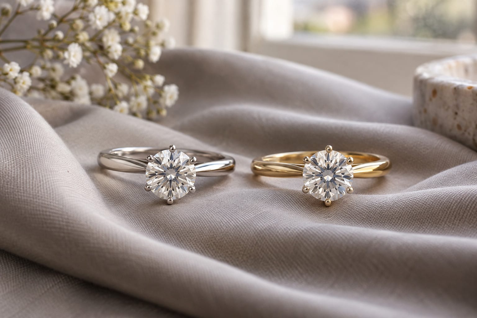 Solitaire diamond rings in white and yellow metal settings under natural light