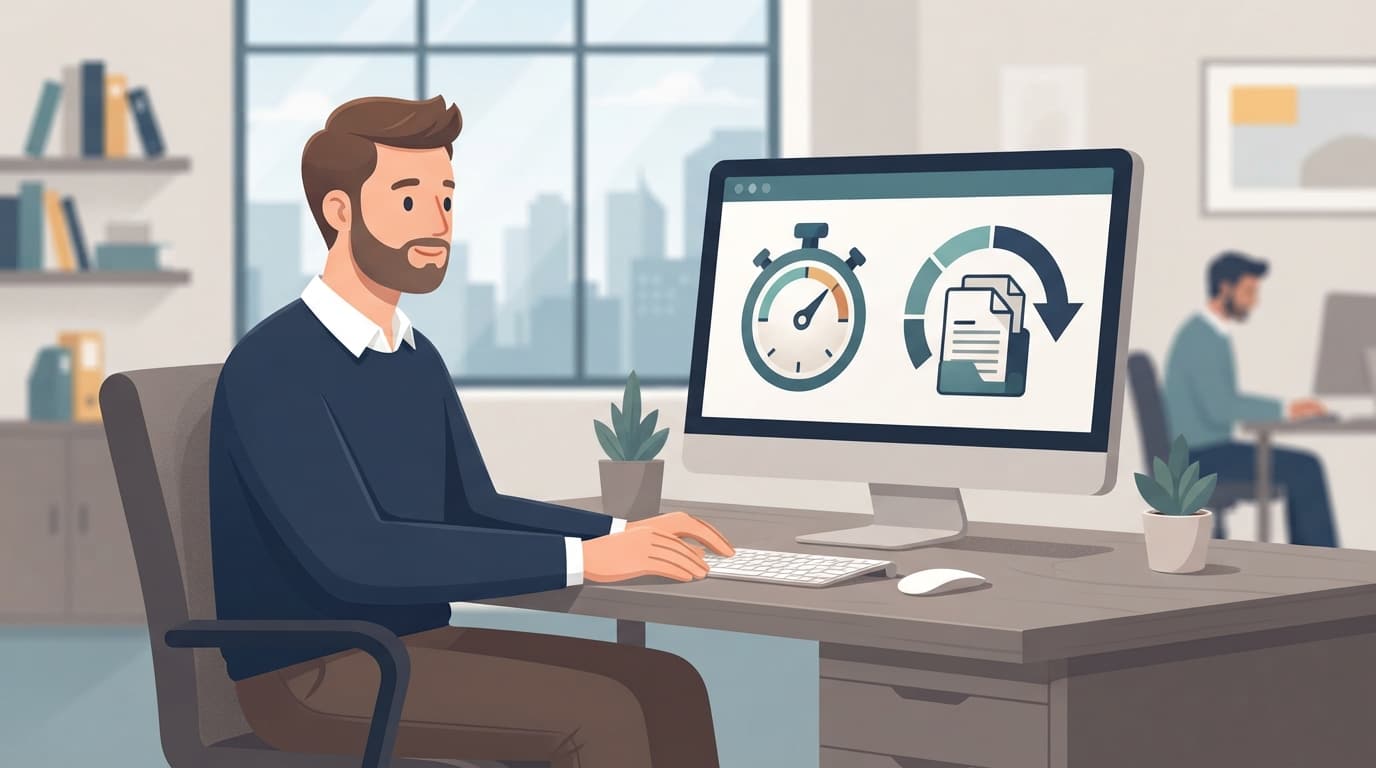Illustration of a small business owner reviewing RTO and RPO recovery goals shown as a stopwatch and a file rewind gauge