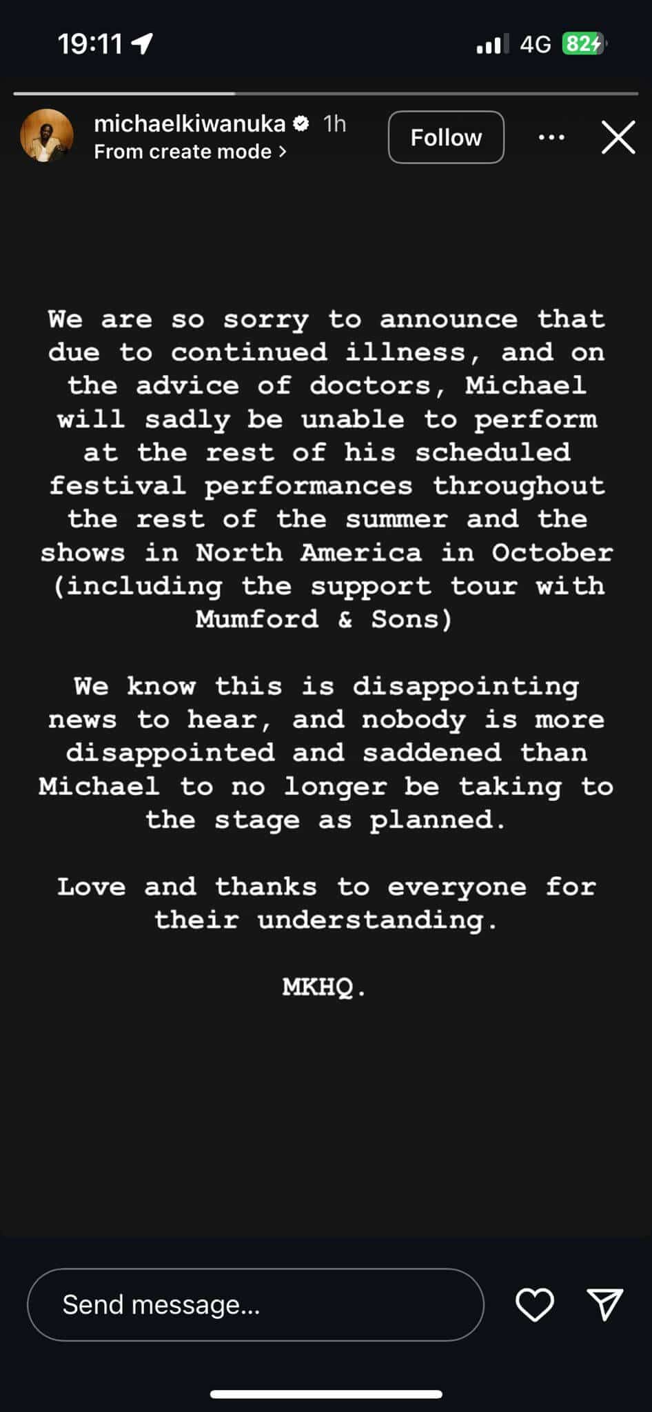 Michael Kiwanuka's Instagram story on 28th July 2025