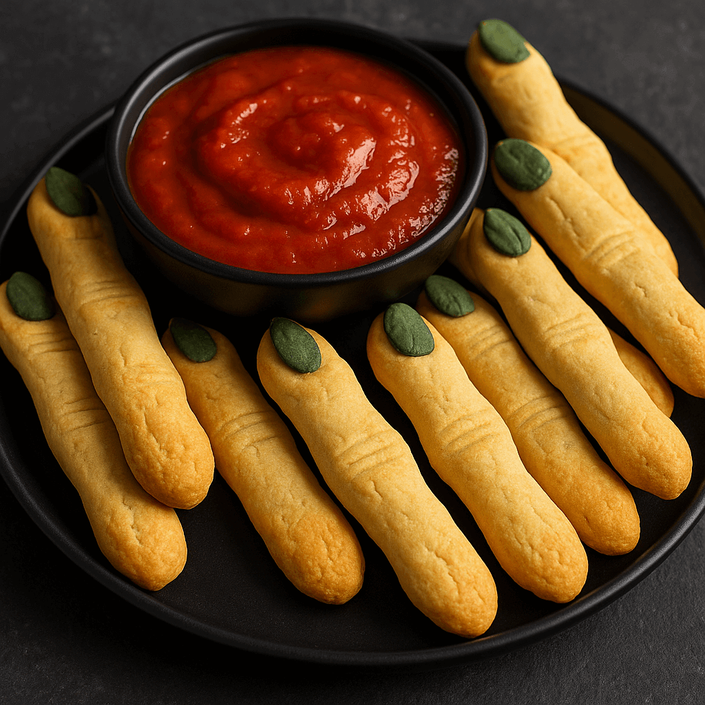 Witch finger breadsticks. Breadsticks with scores to make them look like fingers, served with marinara.