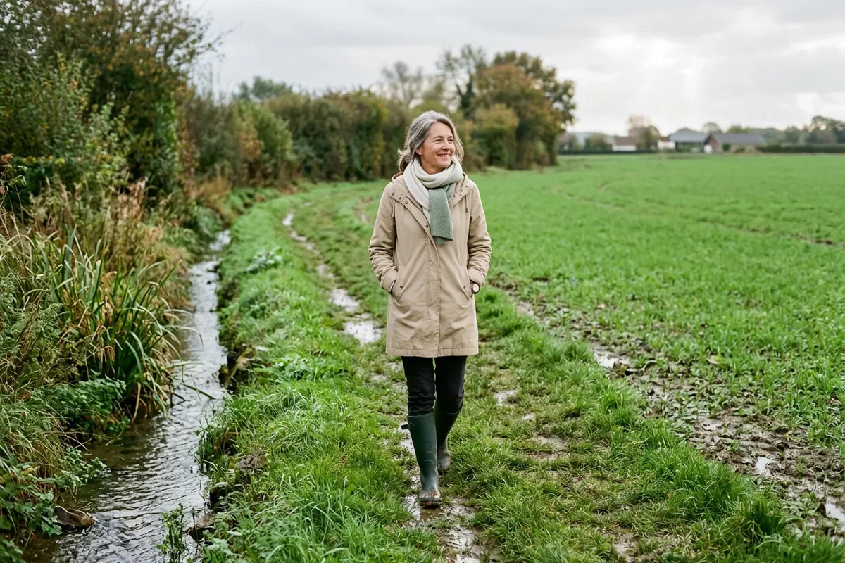 Femme qui marche au bord d'un champ drainé après la pluie, à la campagne