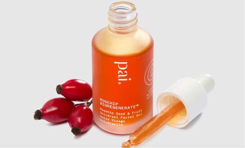 Pai Rosehip BioRegenerate oil bottle with dropper and fresh rosehip fruits on white background