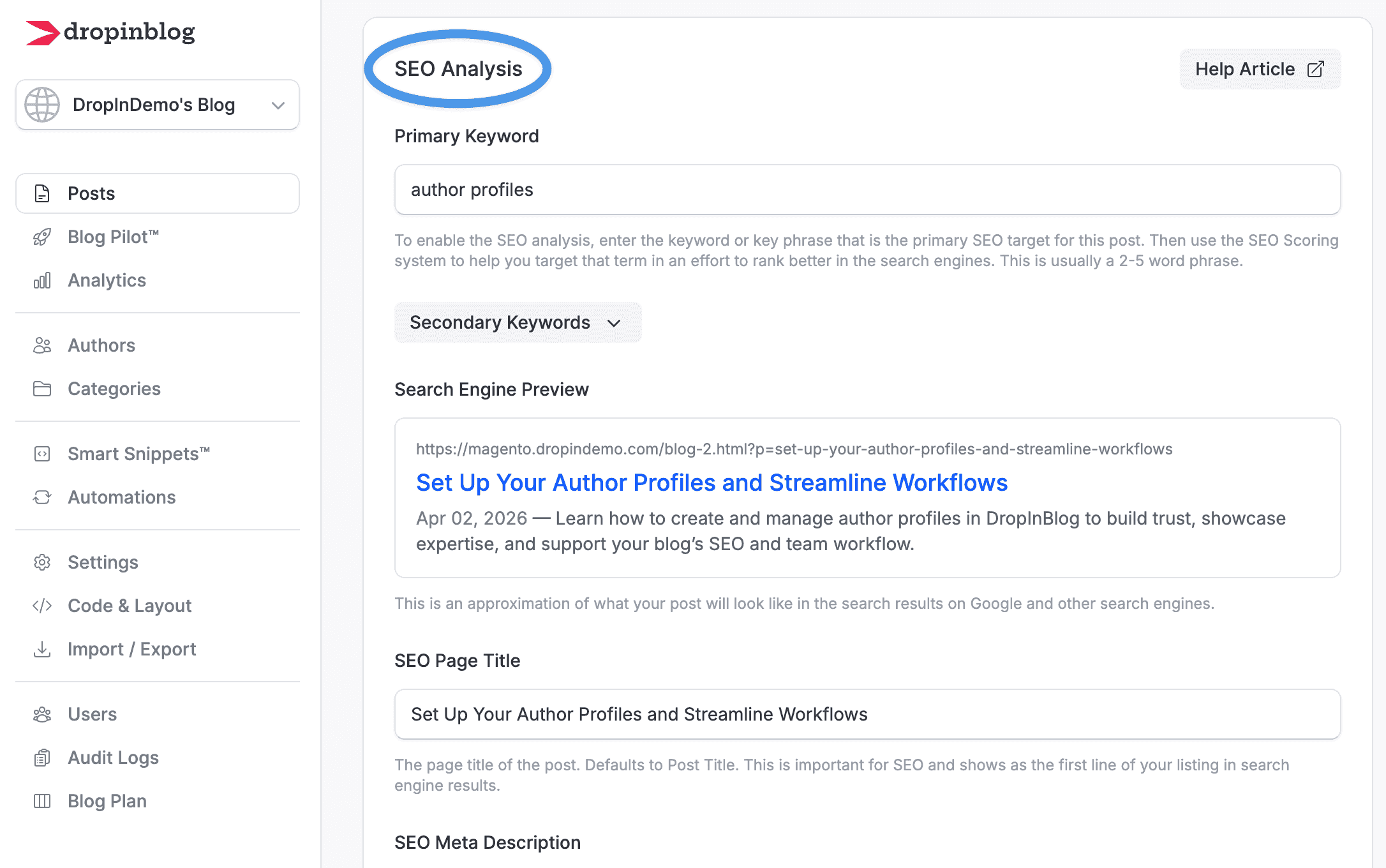 SEO Analysis section inside DropInBlog's content editor