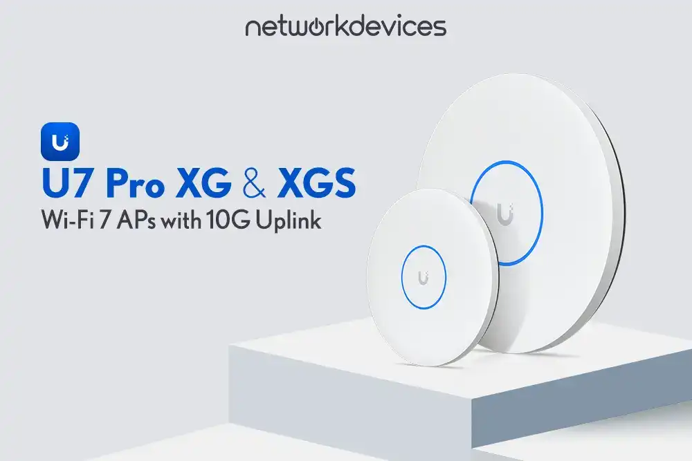 Ubiquiti U7 Pro XG & XGS Wi-Fi 7 APs with 10G uplink, showcased on a modern platform, with NetworkDevices branding.