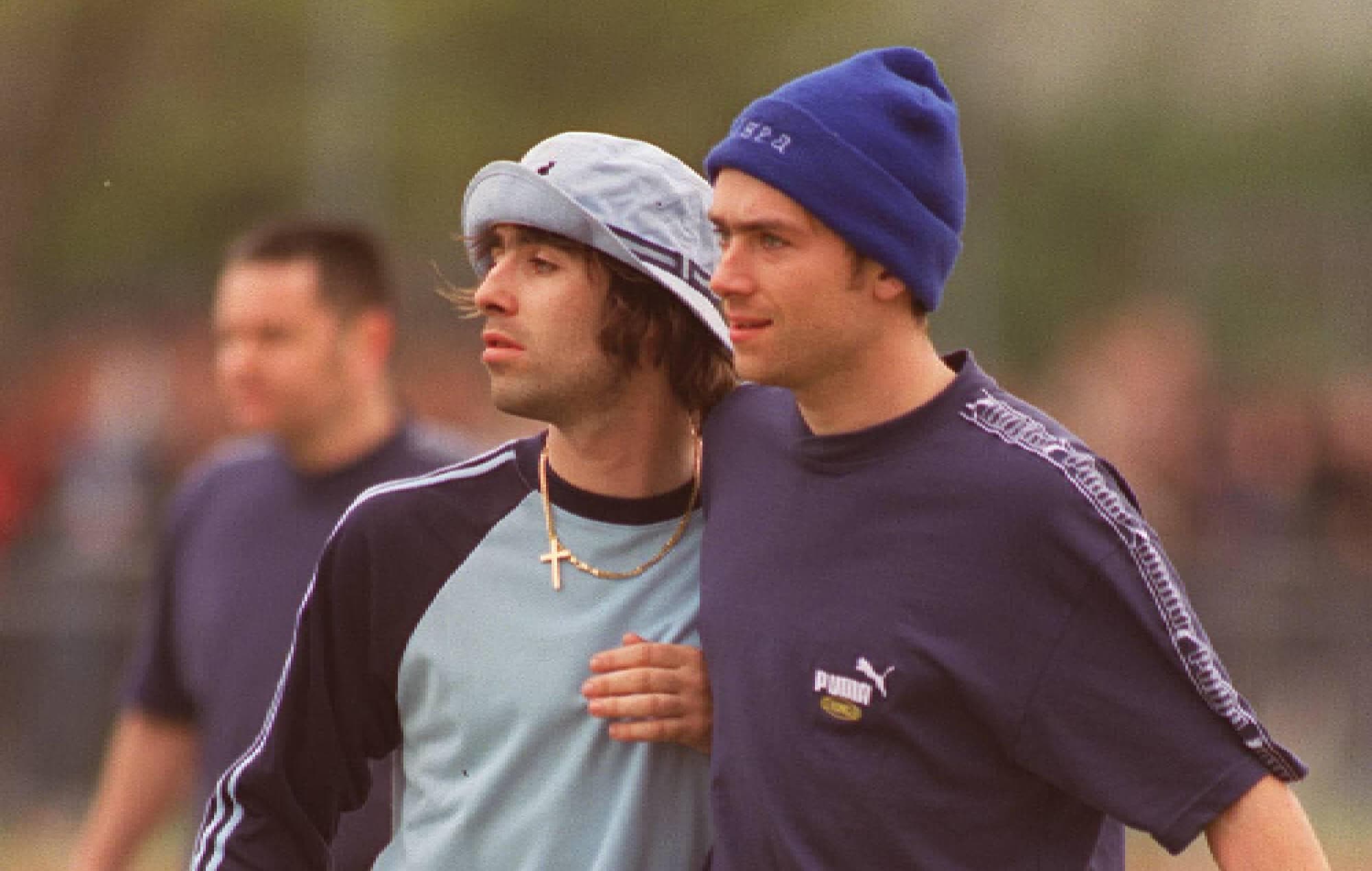 Liam Gallagher and Damon Albarn taking part in the Music Industry Soccer Six Tournament in 1996