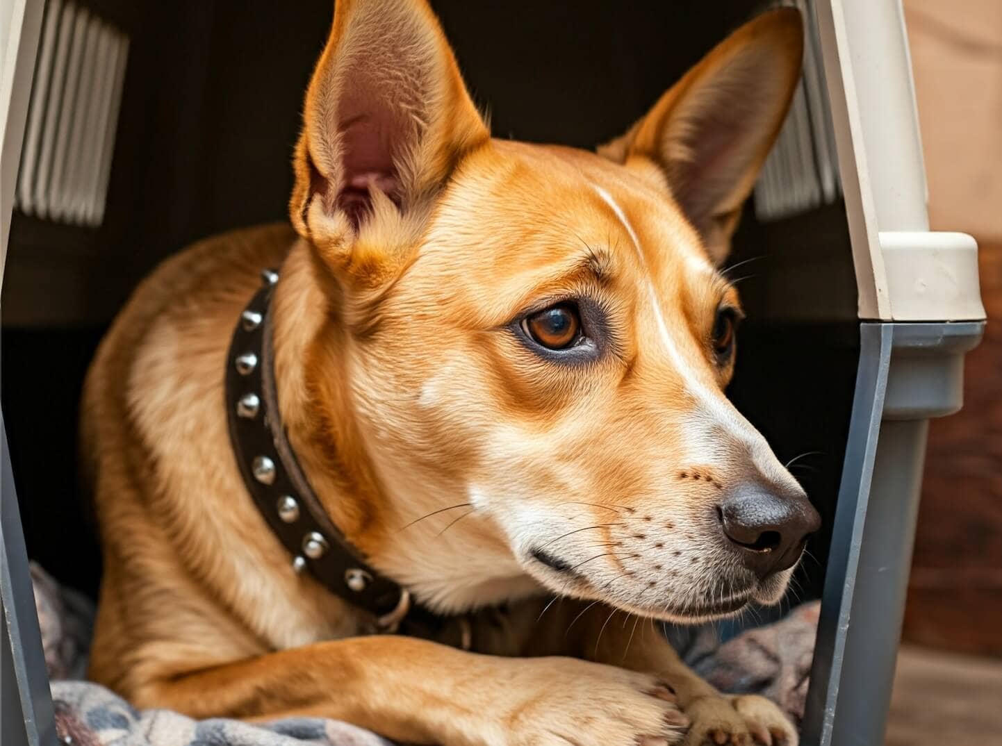 dog wearing a collar while in a crate