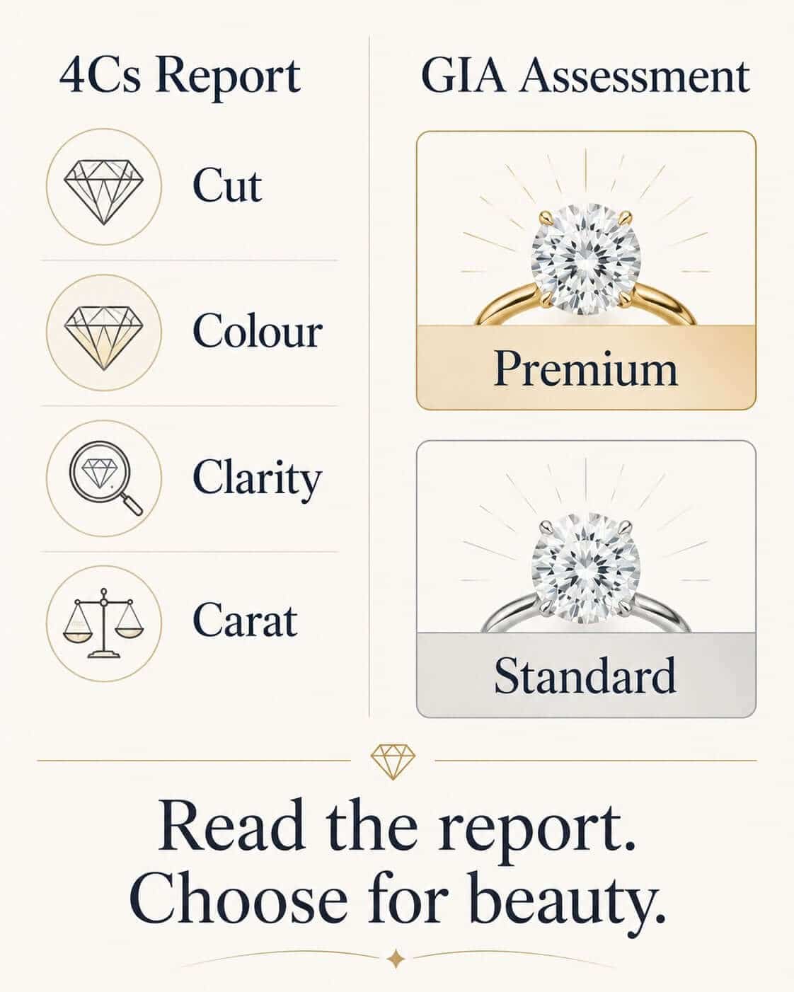 Simple explainer graphic showing 4Cs reports beside GIA Premium and Standard lab diamond assessment tiers.