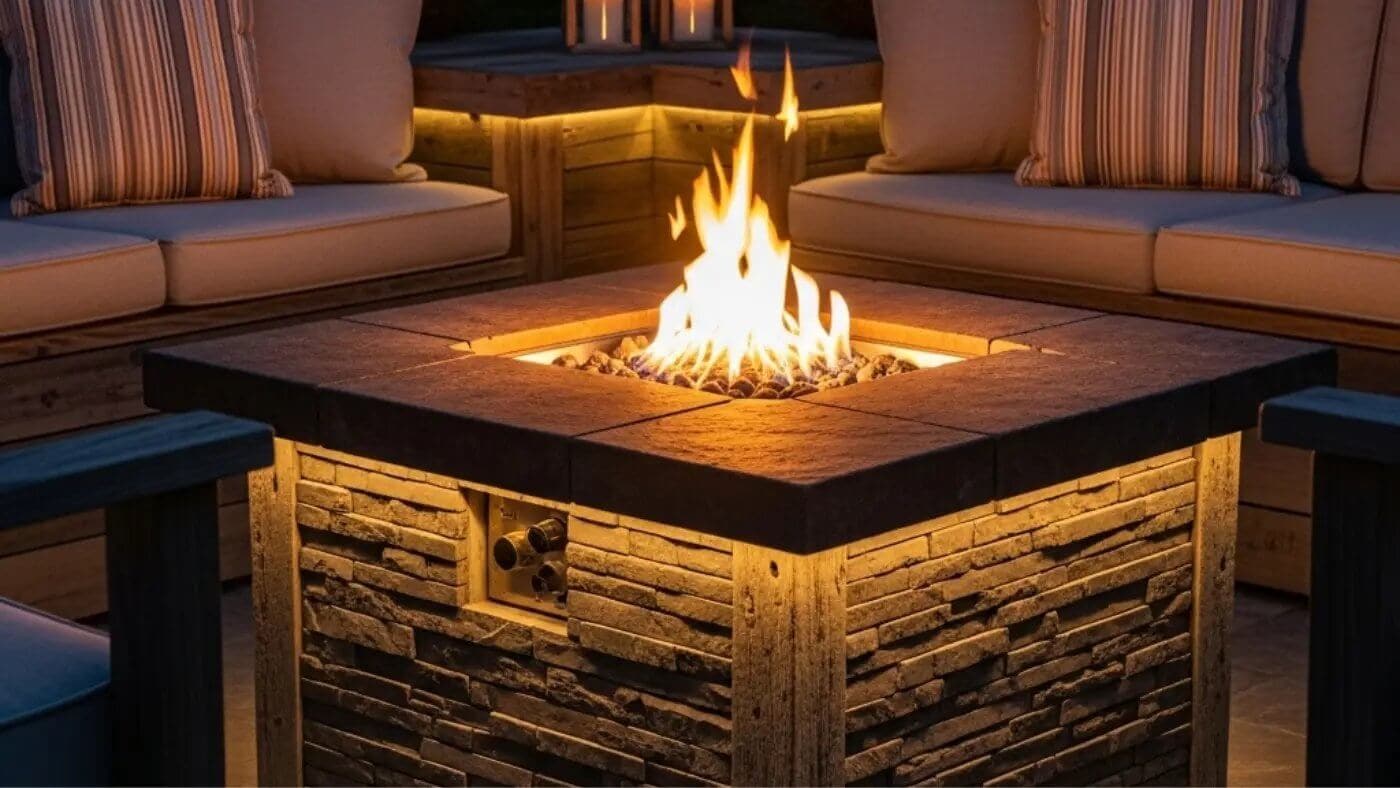 A lit gas fire pit table with a stone base and a dark tabletop, surrounded by outdoor patio furniture and warm lighting.