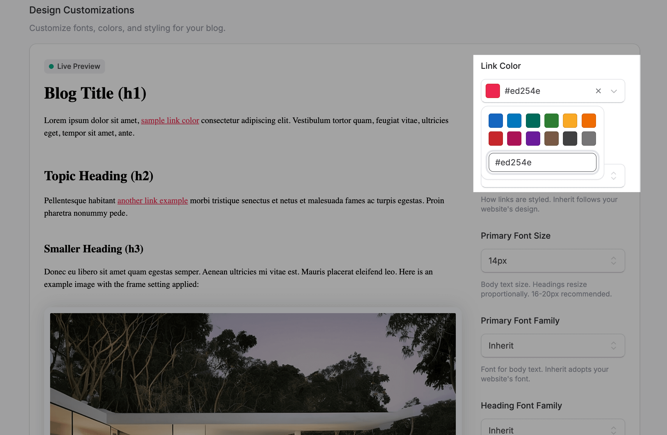 Change link color in DropInBlog's Design Customizations section