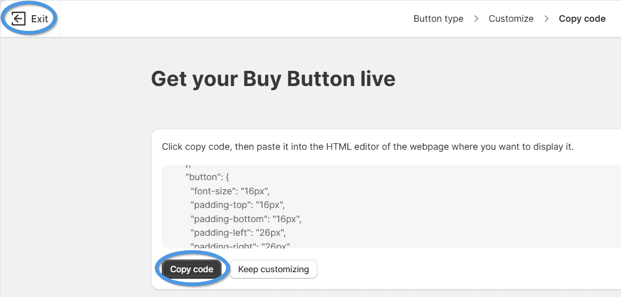Copy the code for Shopify's Buy button
