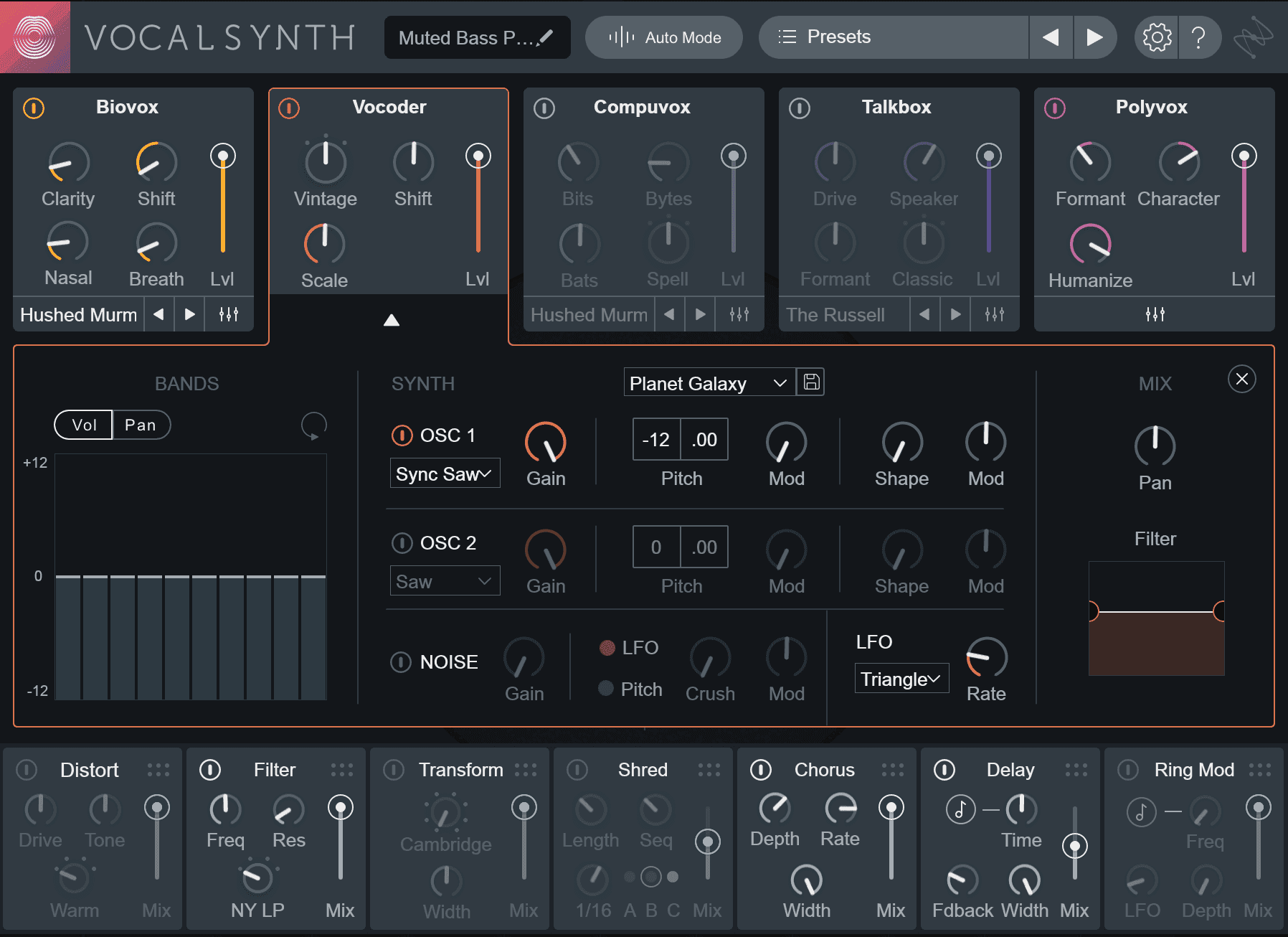 The Biovox module activated, along with distortion, filter, and chorus