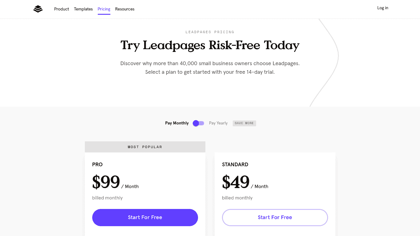 Leadpages vs Unbounce: Leadpages pricing monthly