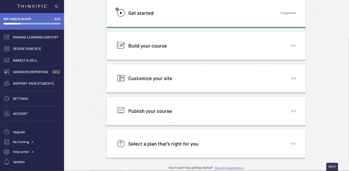 Thinkific dashboard