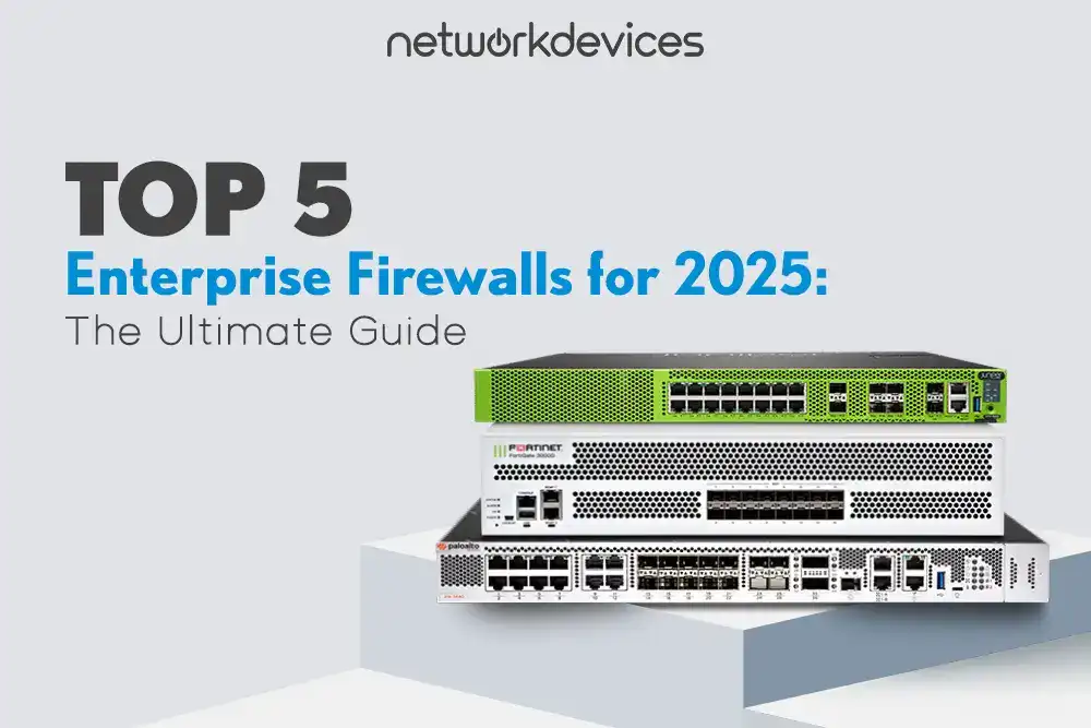 Stack of enterprise firewall hardware devices from top manufacturers with 'TOP 5 Enterprise Firewalls for 2025: The Ultimate Guide' heading by NetworkDevices