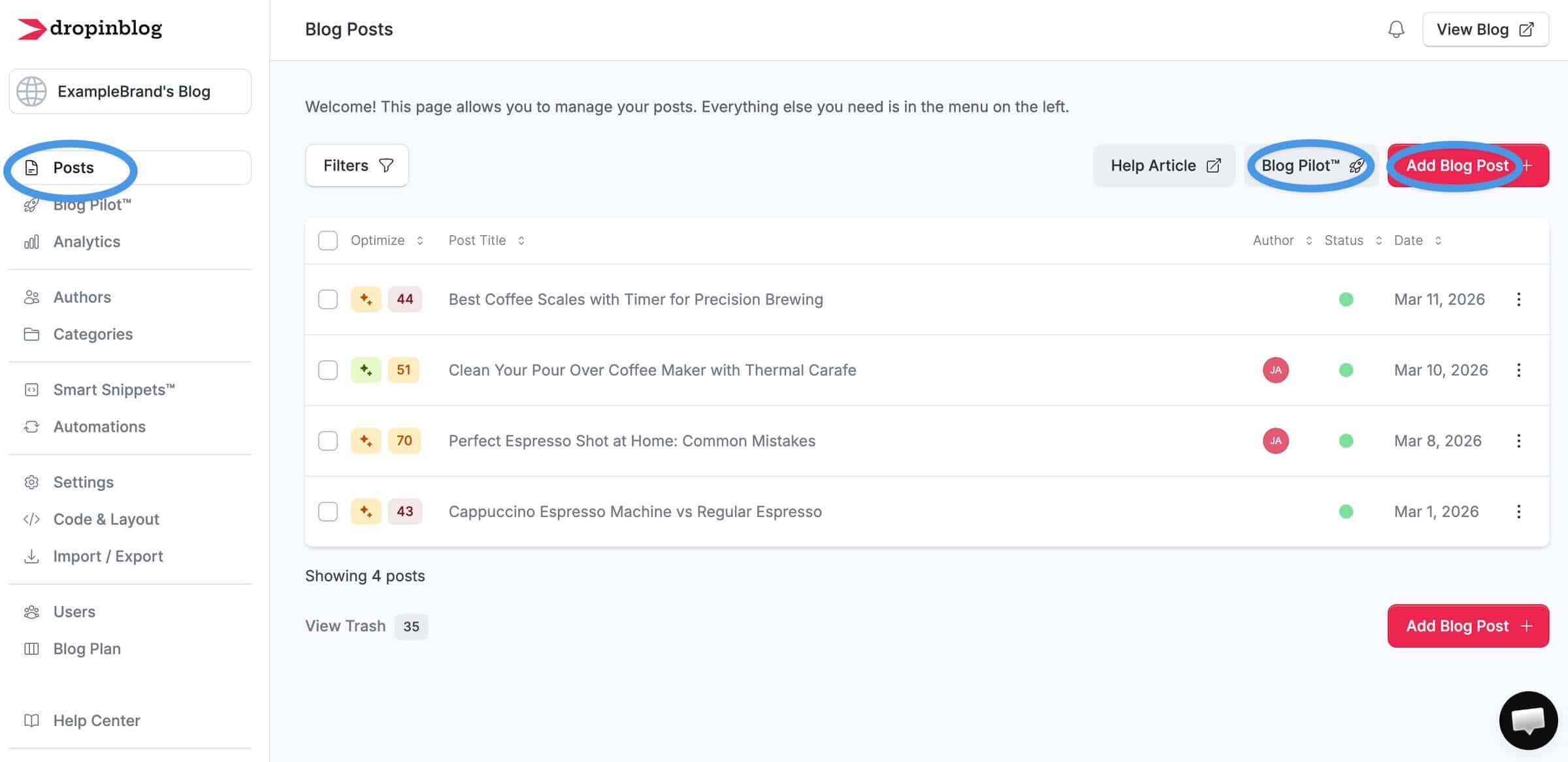 Add new blog posts in DropInBlog