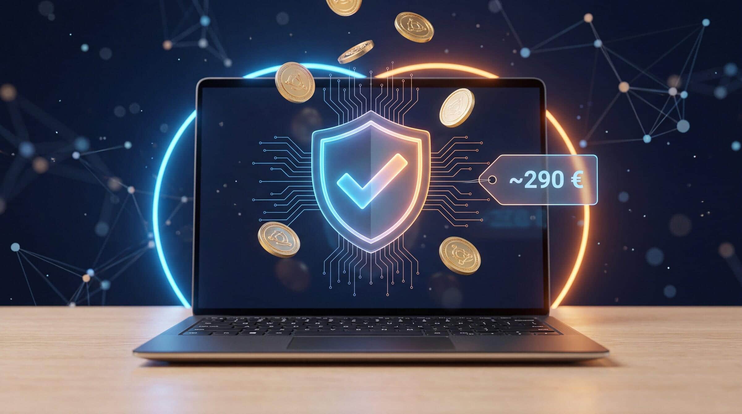 prix de la certification CCNA, un badge Cisco au-dessus d'un ordinateur portable avec des pièces d'or et une étiquette de prix