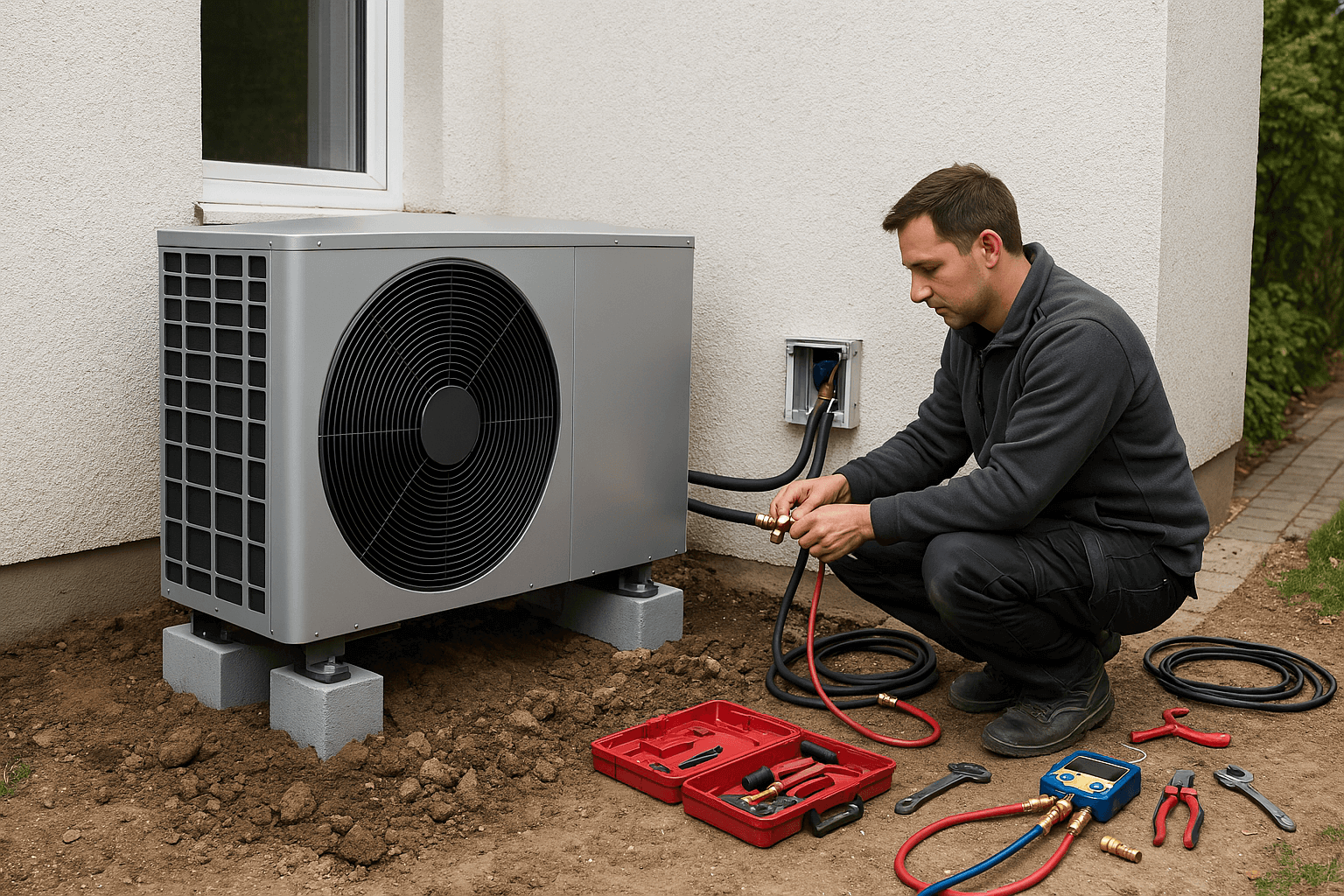 Wärmepumpe installieren - Viathermo Techniker installiert Wärmepumpe