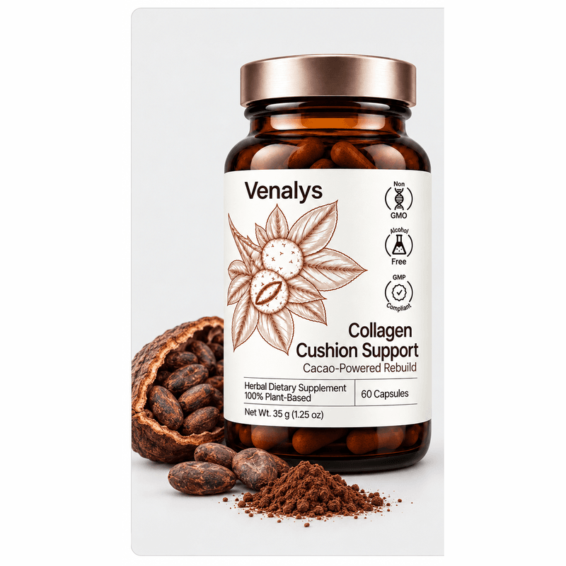 Bottle of Venalys Collagen Cushion Support capsules next to cacao beans