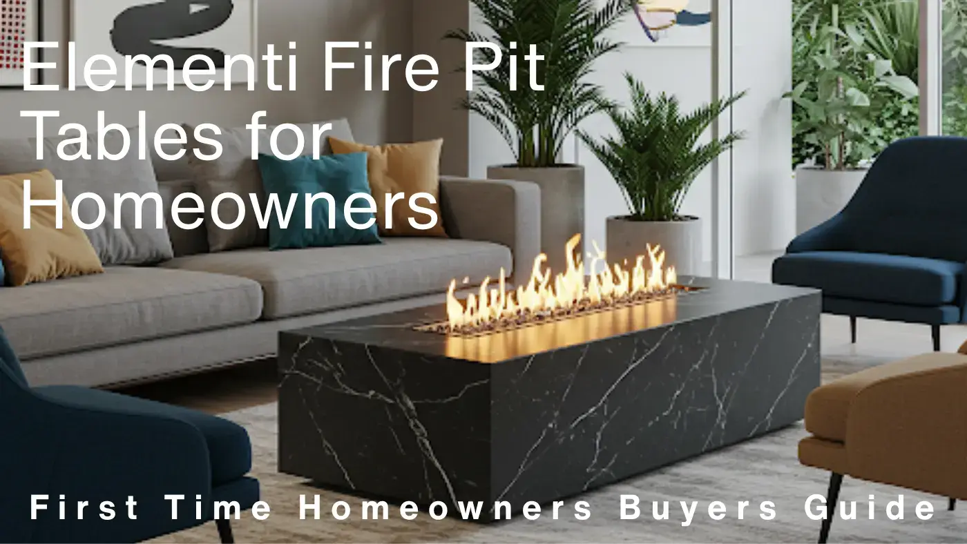 Elementi fire pit table in a stylish outdoor living room setting, featuring a rectangular black marble-like design with a lit flame, surrounded by a sofa and armchairs.