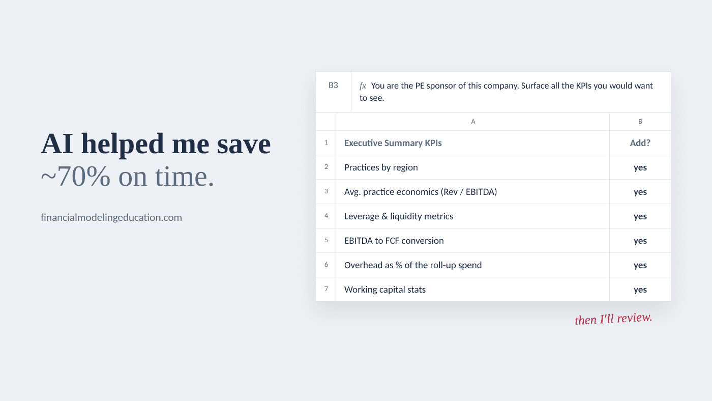 A financial model executive summary built with AI, showing the PE sponsor prompt and the KPIs it surfaced