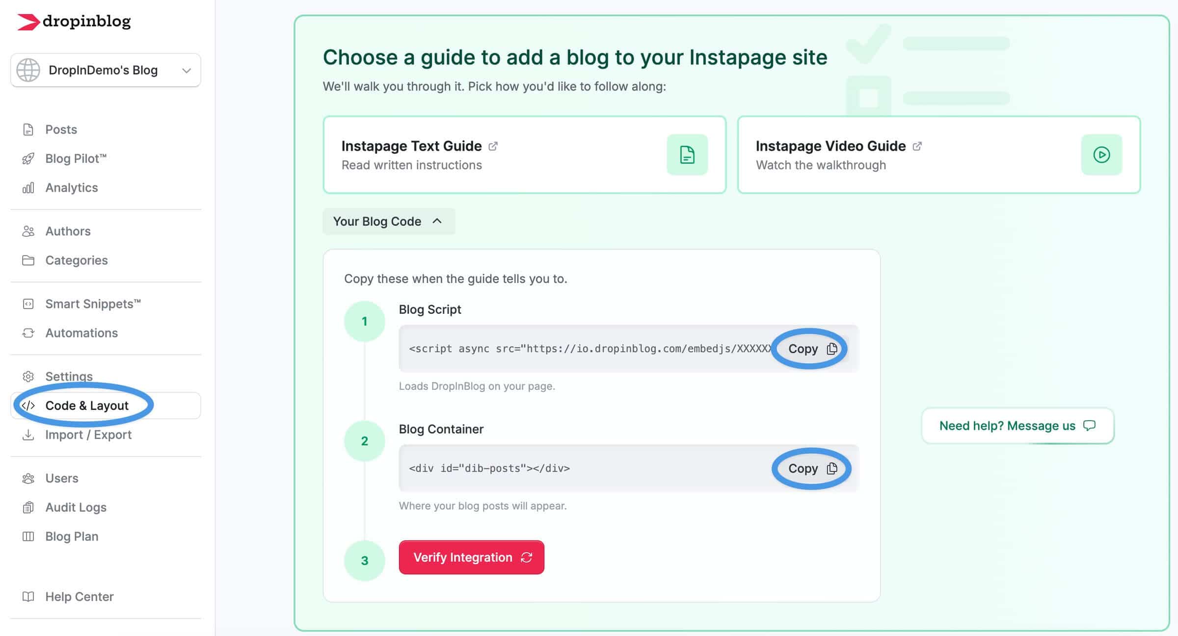 Instapage blog install step