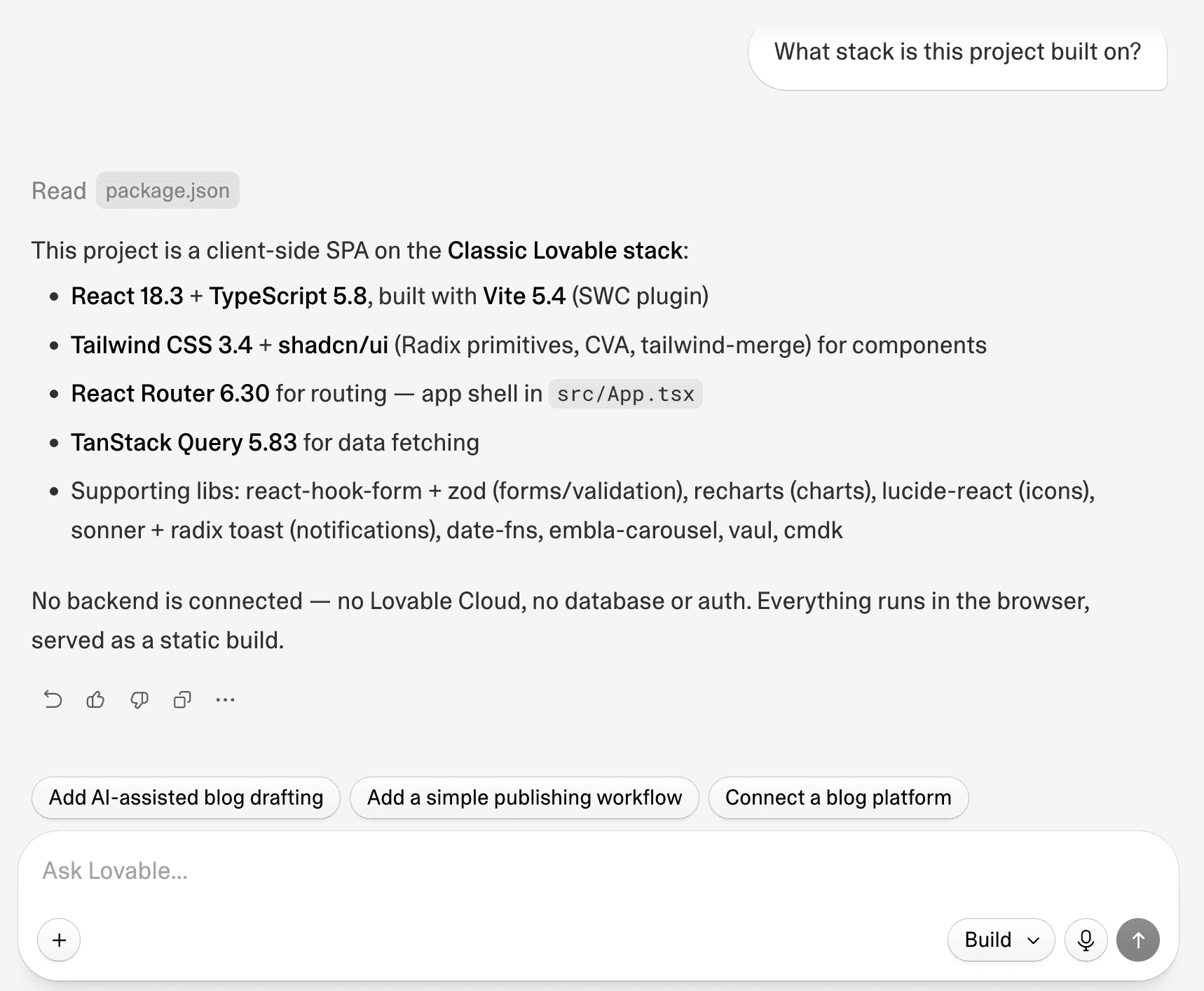 Lovable prompt: What stack is this project on?