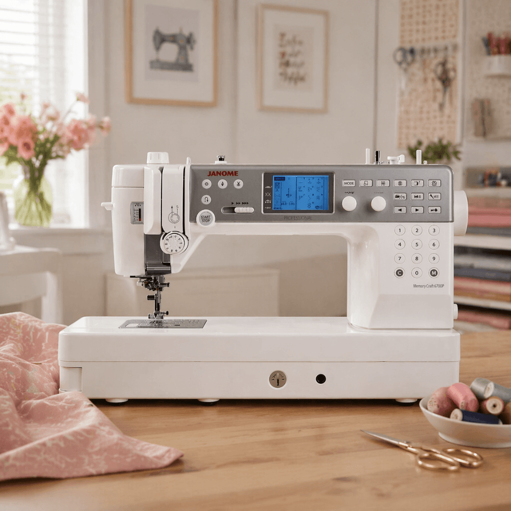 Janome 6700P sewing machine on a wooden table in a bright sewing room