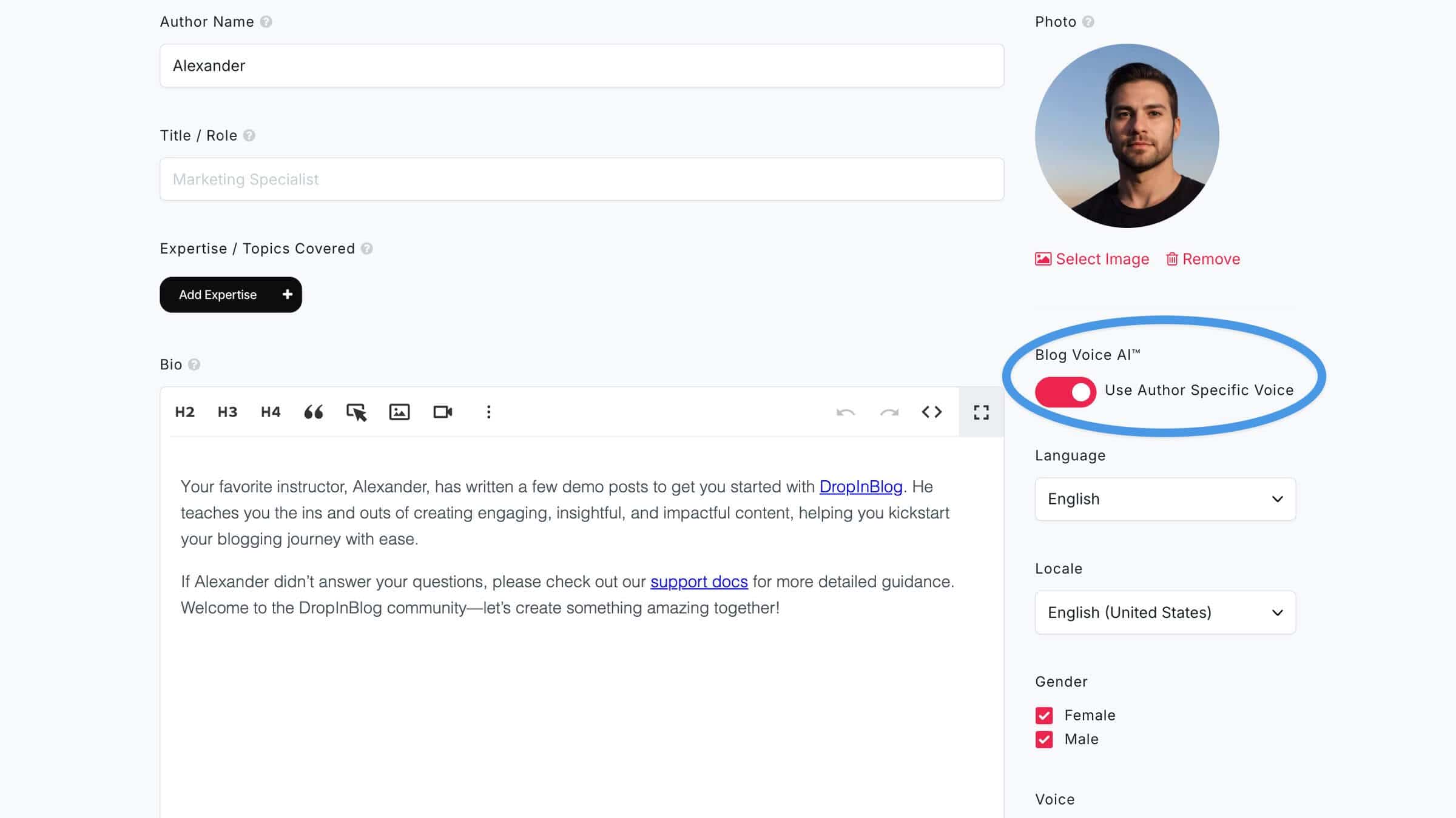 Selecting an AI voice on an author page