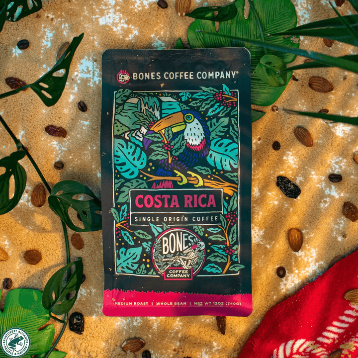 Bones Coffee promo offering free Bones Labs coffee flavor in development with labeled coffee bag.