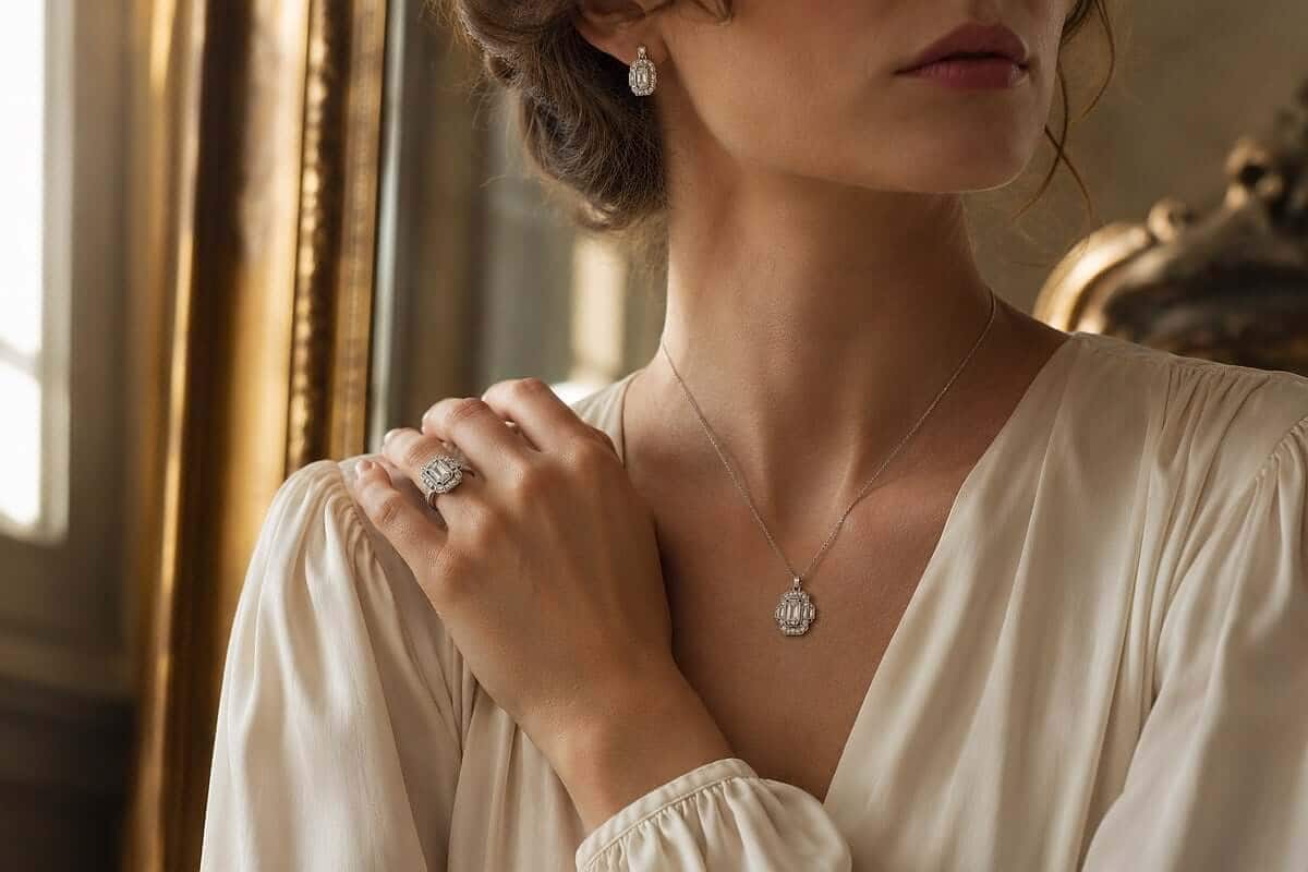 Woman wearing vintage-inspired modern diamond jewellery - a ring, pendant and earrings in a softly lit modern interior.