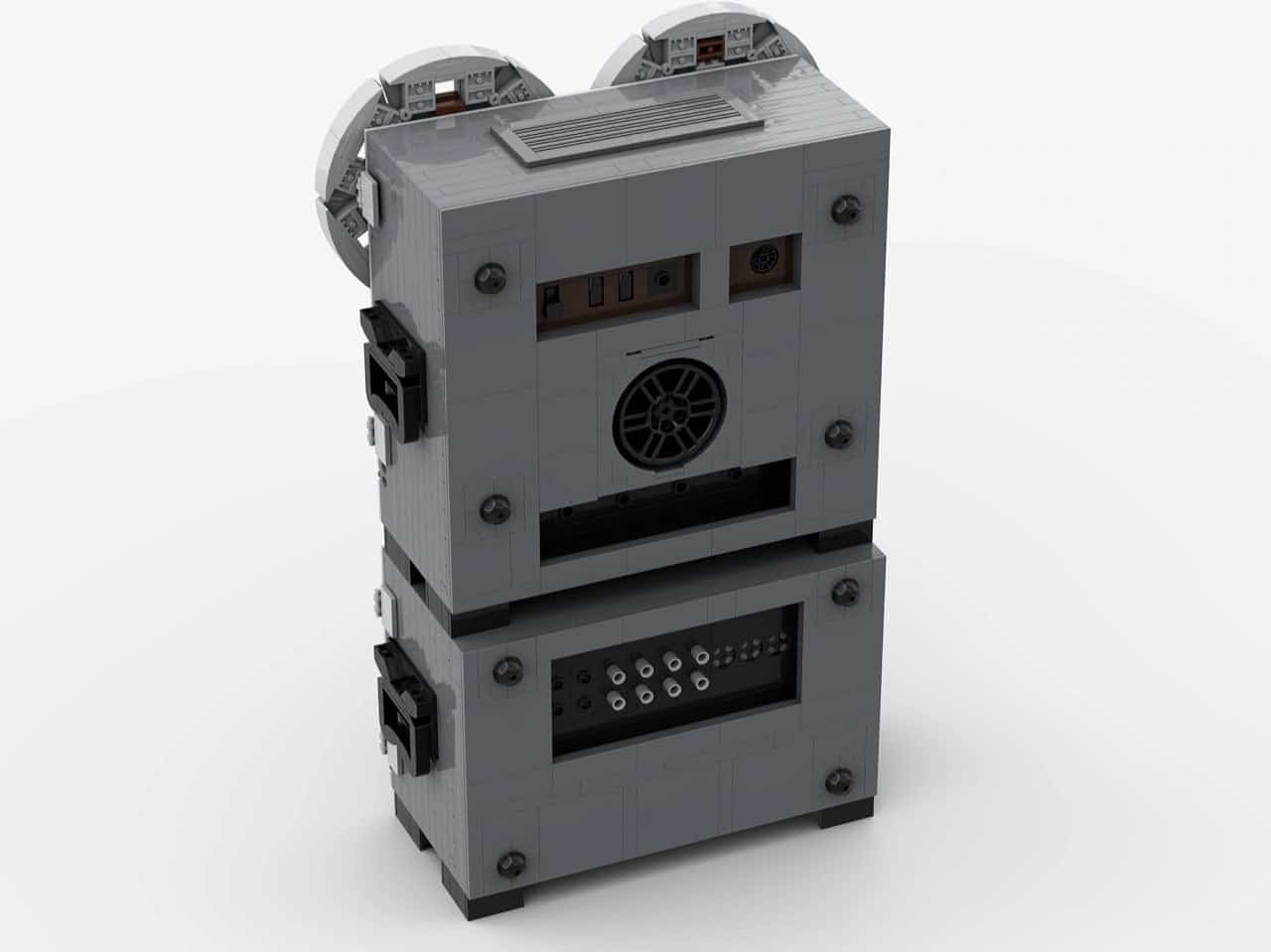 Angled view showing the LEGO tape deck’s stacked construction