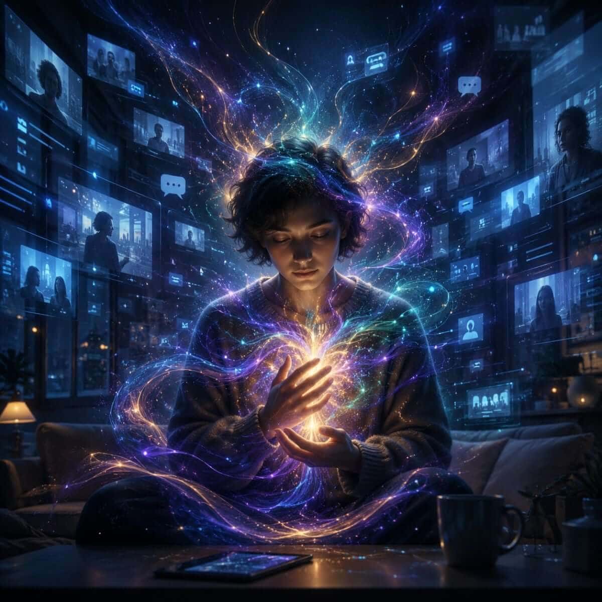 A person surrounded by digital connection—video calls, messages, and notifications—turns inward toward luminous Reconnective Healing® frequencies, symbolizing genuine awareness and human connection beyond the screen.