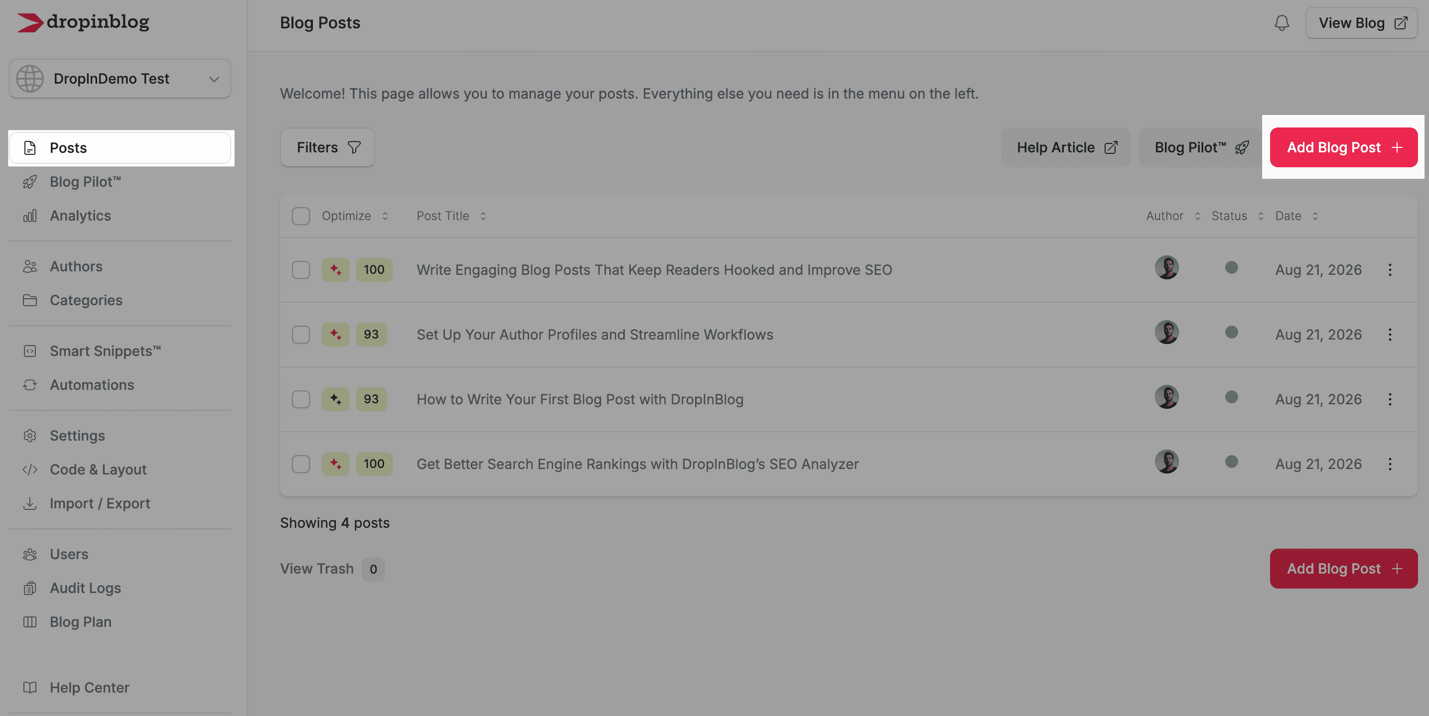 DropInBlog admin: Posts page