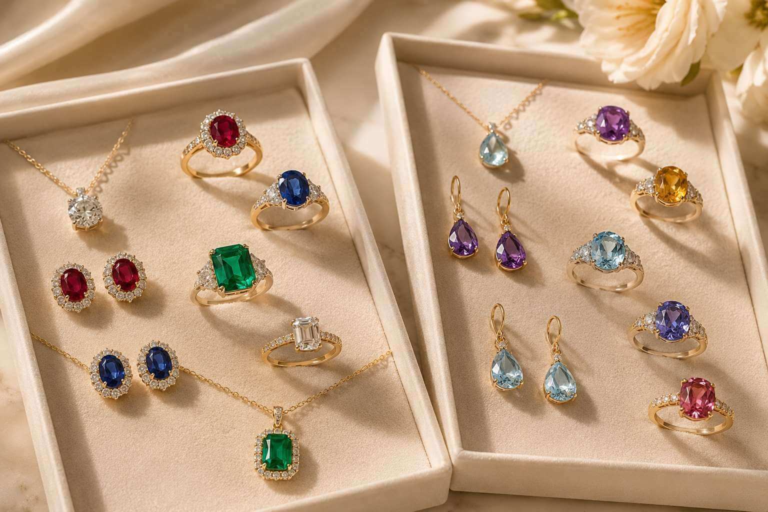 Two elegant jewellery trays showing diamond, ruby, sapphire and emerald pieces beside aquamarine, amethyst, citrine, blue topaz, tanzanite and tourmaline jewellery