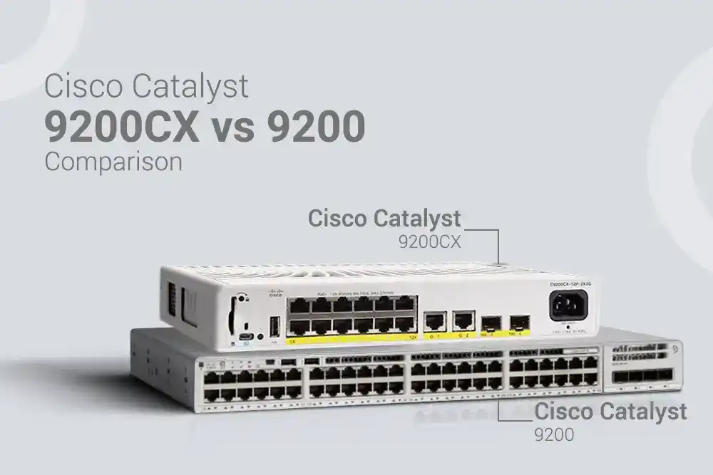 Cisco Catalyst 9200 vs 9200CX Comparison - A visual comparison showcasing the Cisco C9200 for scalability and the compact, fanless Cisco C9200CX for space-constrained environments.