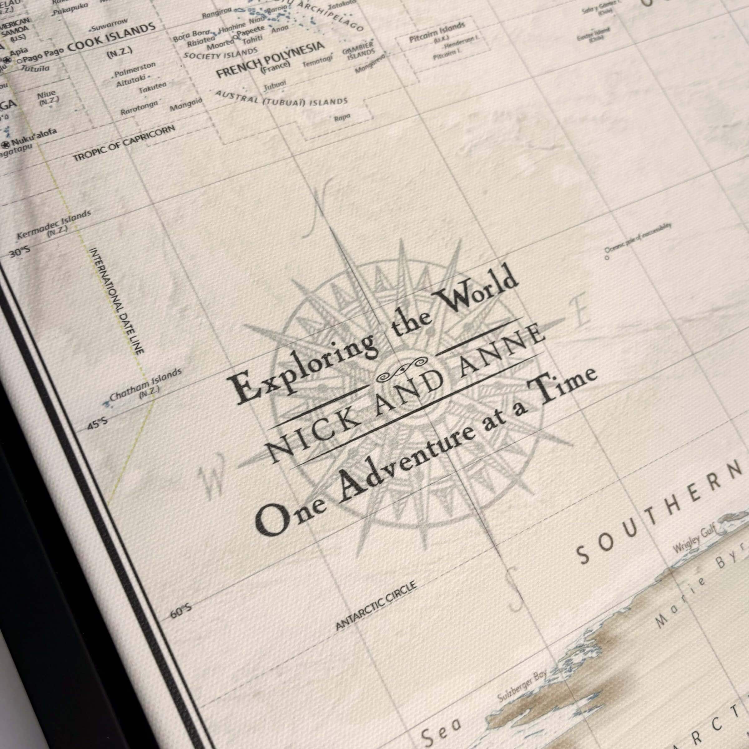 Push Pin World Map with Personalized Compass Rose